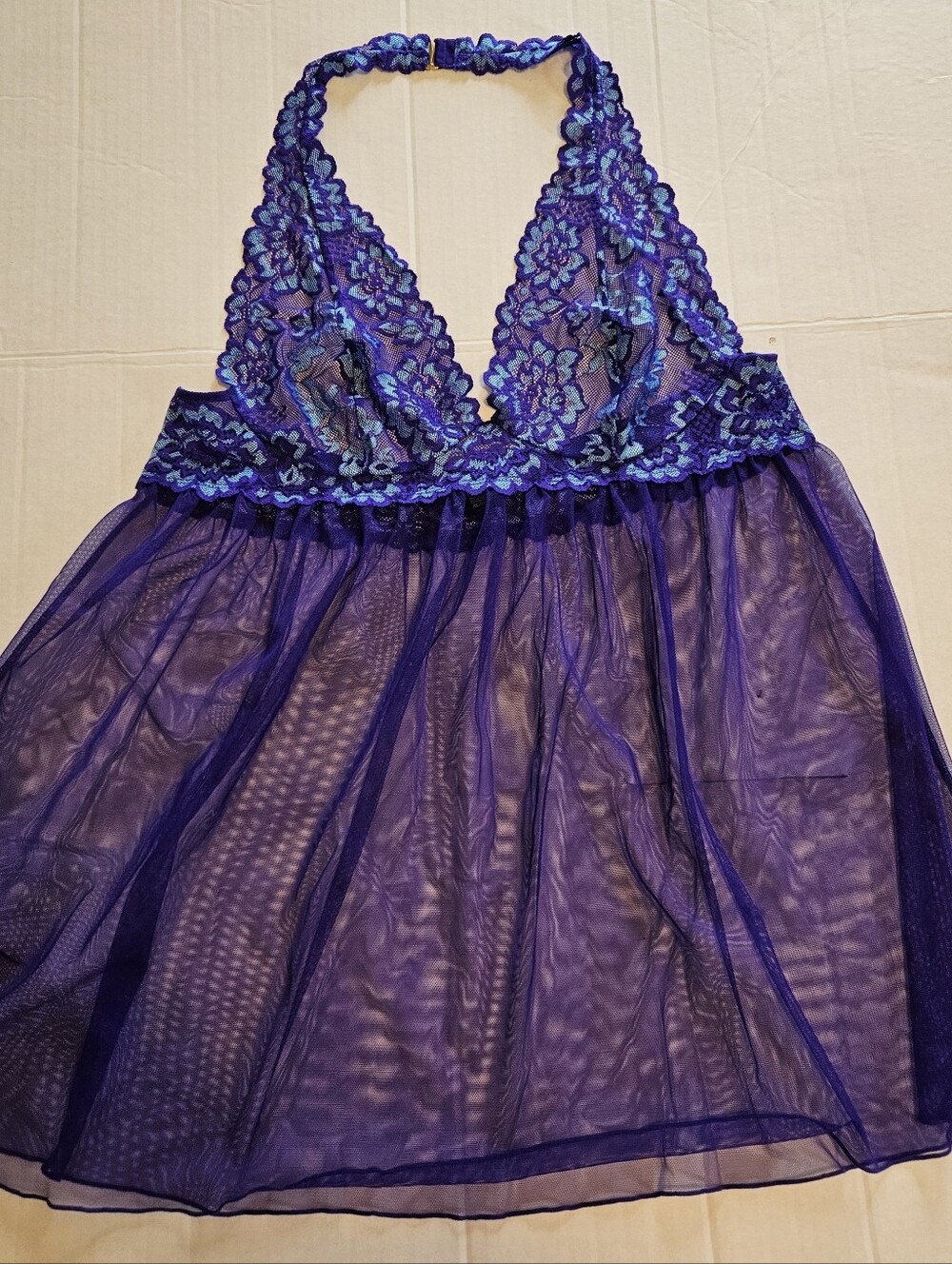 Victoria’s Secret XL Purple Floral Lace Halter Sheer Babydoll